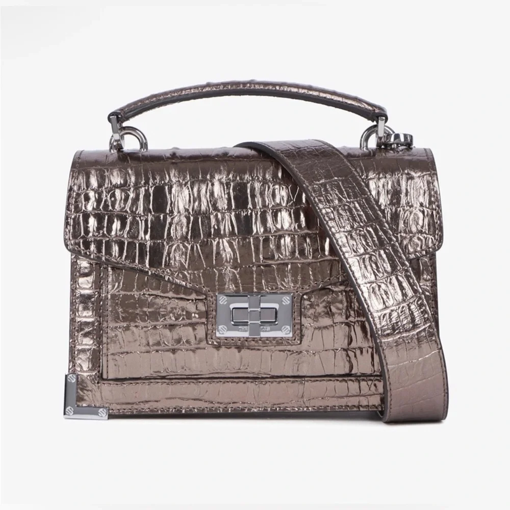 NWT- The Kooples Emily Metallic Crocodile Embossed Handbag